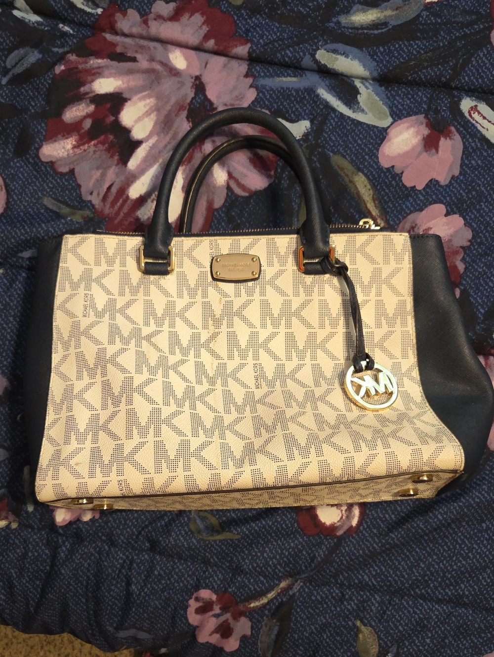 Michael Kors Beige And MK Logo Satchel with Navy Trim and Gold Hardware